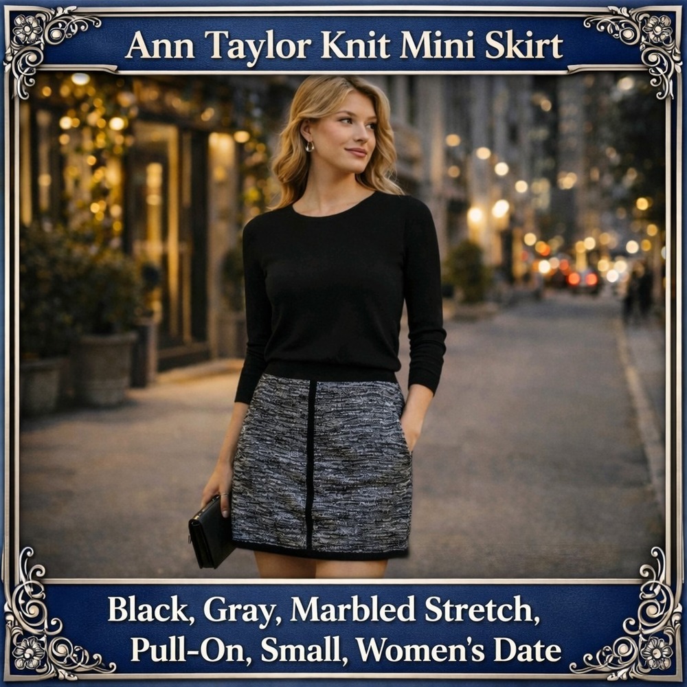 Ann Taylor Knit Mini Skirt Black Gray Marled Stretch Pull-On Small Women's Date